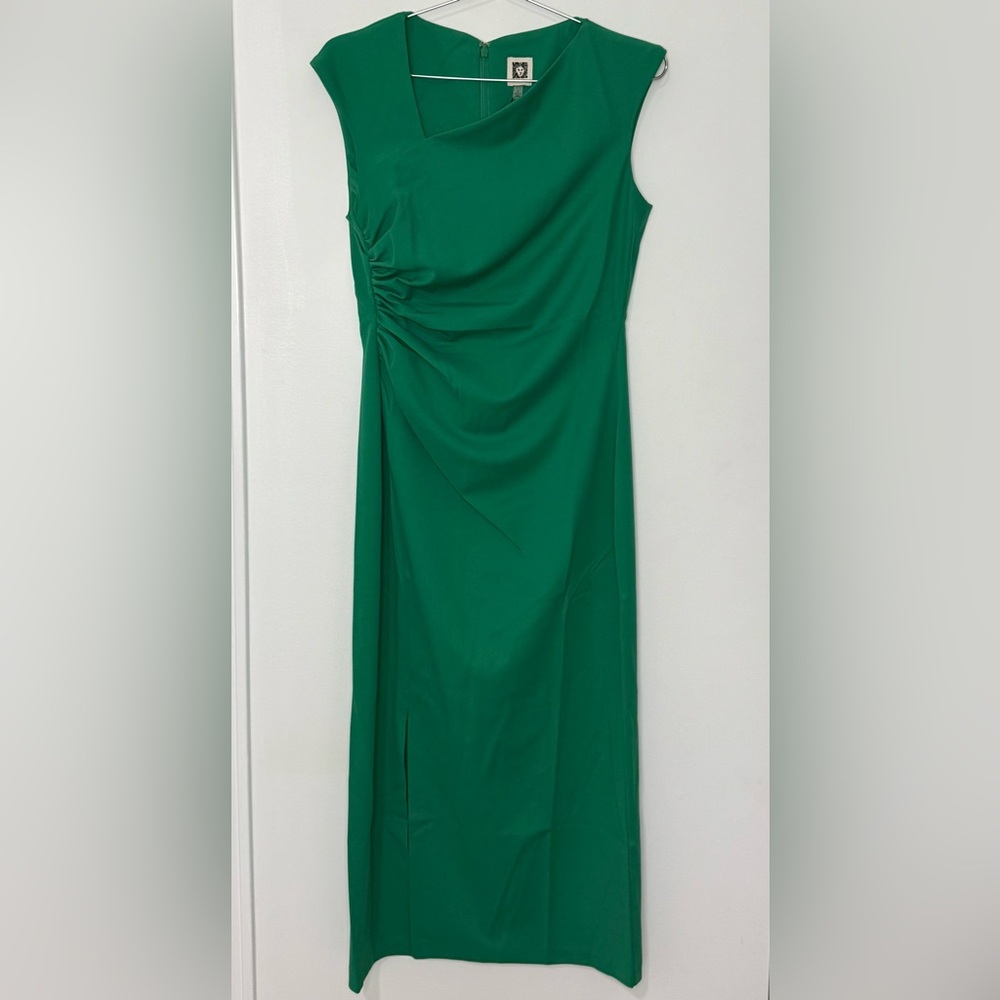 Anne Klein NWT Asymmetric Ruched Midi Dress in Green Sprig - Picture 2 of 5